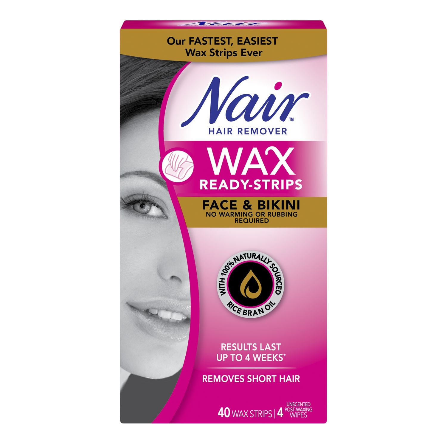 Nair Hair Remover Wax Ready-Strips for Face & Bikini - 40 wax strips, 4 unscented post-waxing wipes