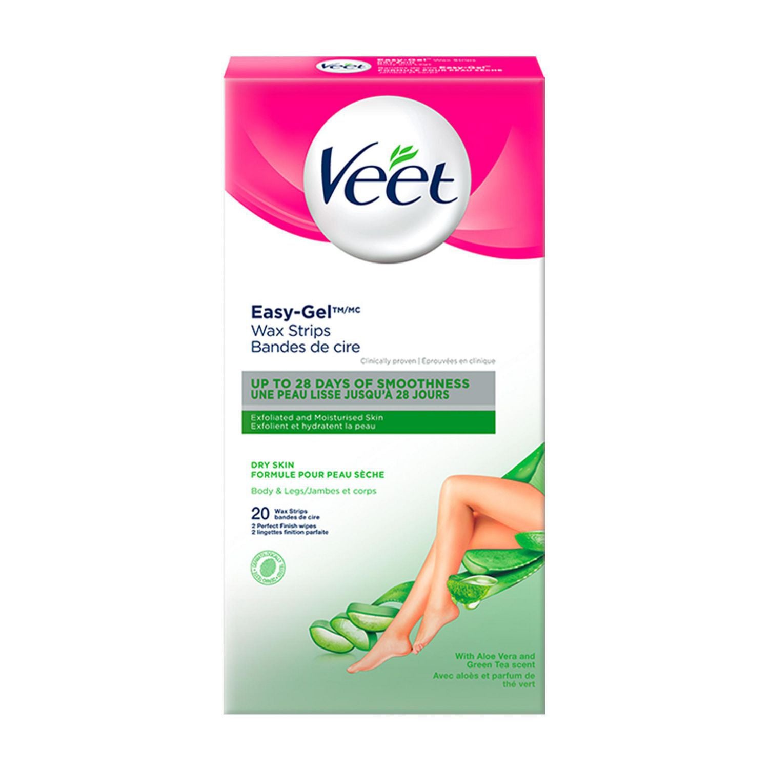 Veet Easy-Gel Wax Strips for Body & Legs, Dry Skin - 20 wax strips, 2 Perfect Finish wipes