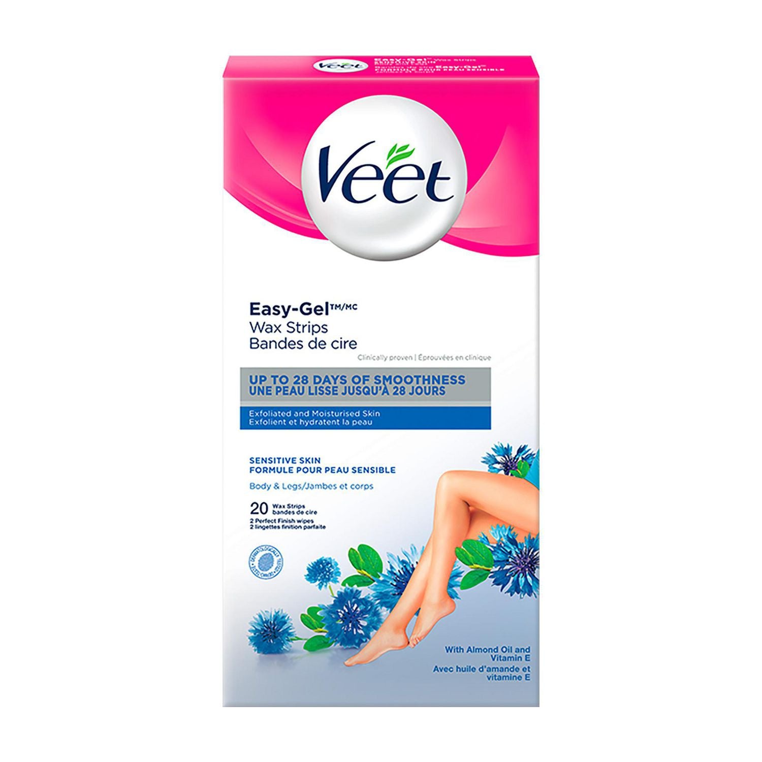 Veet Easy-Gel Wax Strips for Body & Legs, Sensitive Skin - 20 wax strips, 2 Perfect Finish wipes