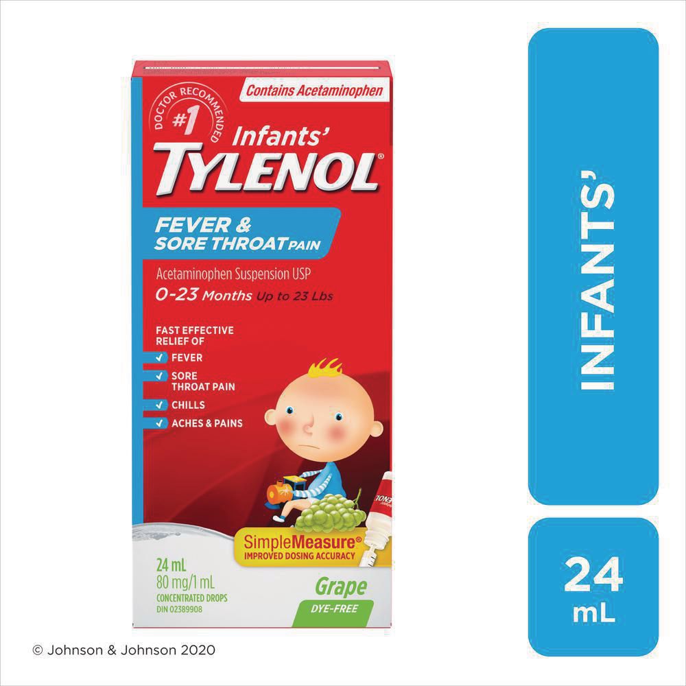 Tylenol Infant's Fever & Sore Throat Pain Syrup, Dye-Free, Grape Flavour - 24 ml