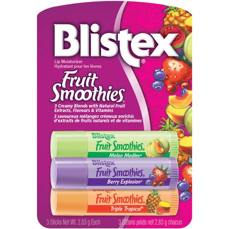 Blistex Fruit Smoothies, Lip Moisturizer, 3 Creamy Blends With Natural fruit Extracts, Flavors and Vitamins,  Melon Medley, Berry Explosion, triple Tropical, 3 Sticks - 2.83g Each