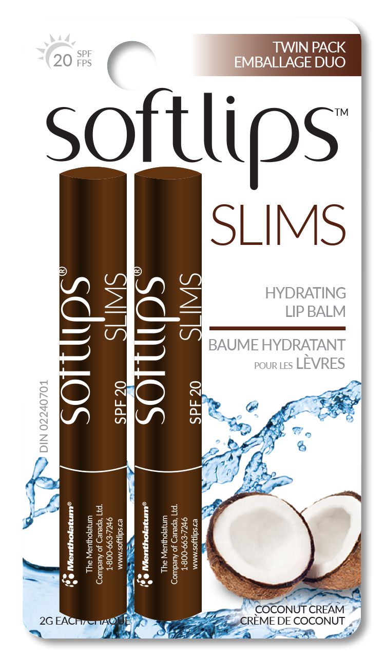 Softlips Slim Hydrating Lip Balm, Twin Pack, Coconut Cream, SPF 20 - 2g each