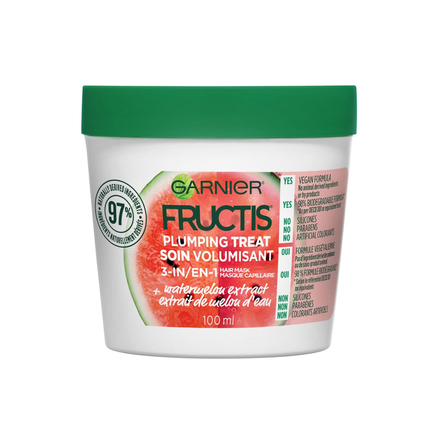 Garnier Fructis Plumping Treat 3-in-1 Hair Mask, Watermelon Extract - 100 ml