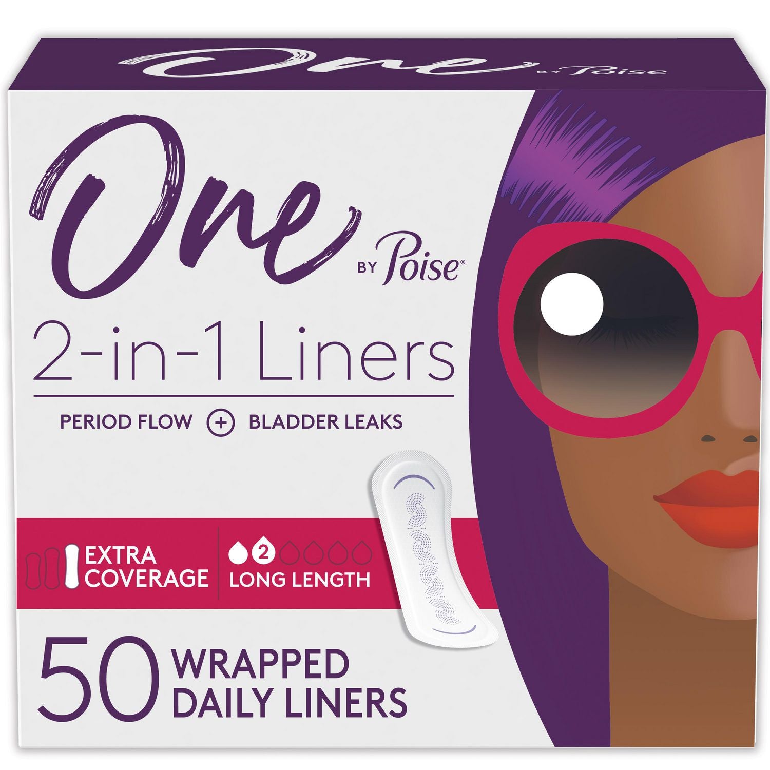 One by Poise 2-in-1 Liners, Extra Coverage, Long Length - 50 wrapped daily liners