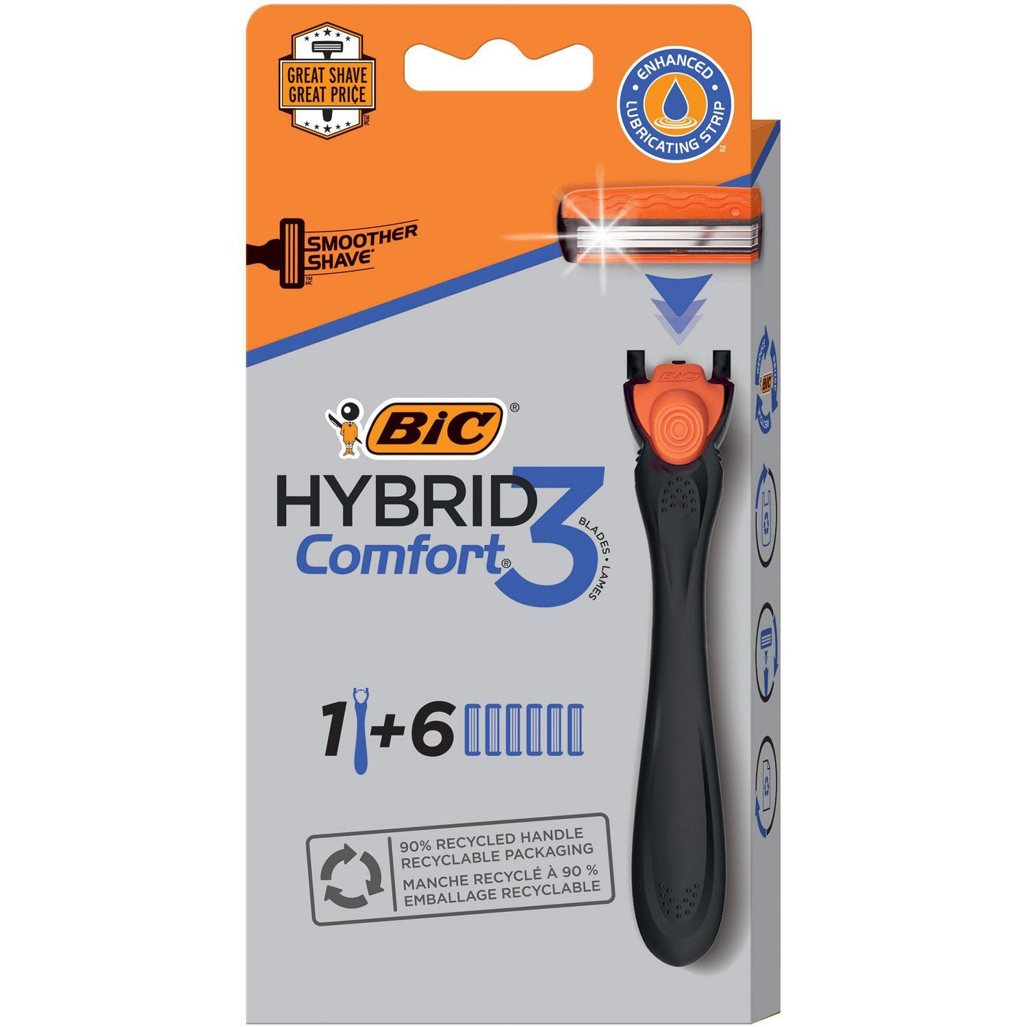 BIC Comfort 3 Hybrid Disposable Men's Razor, 3-Blade - 1 handle, 6 razor refills