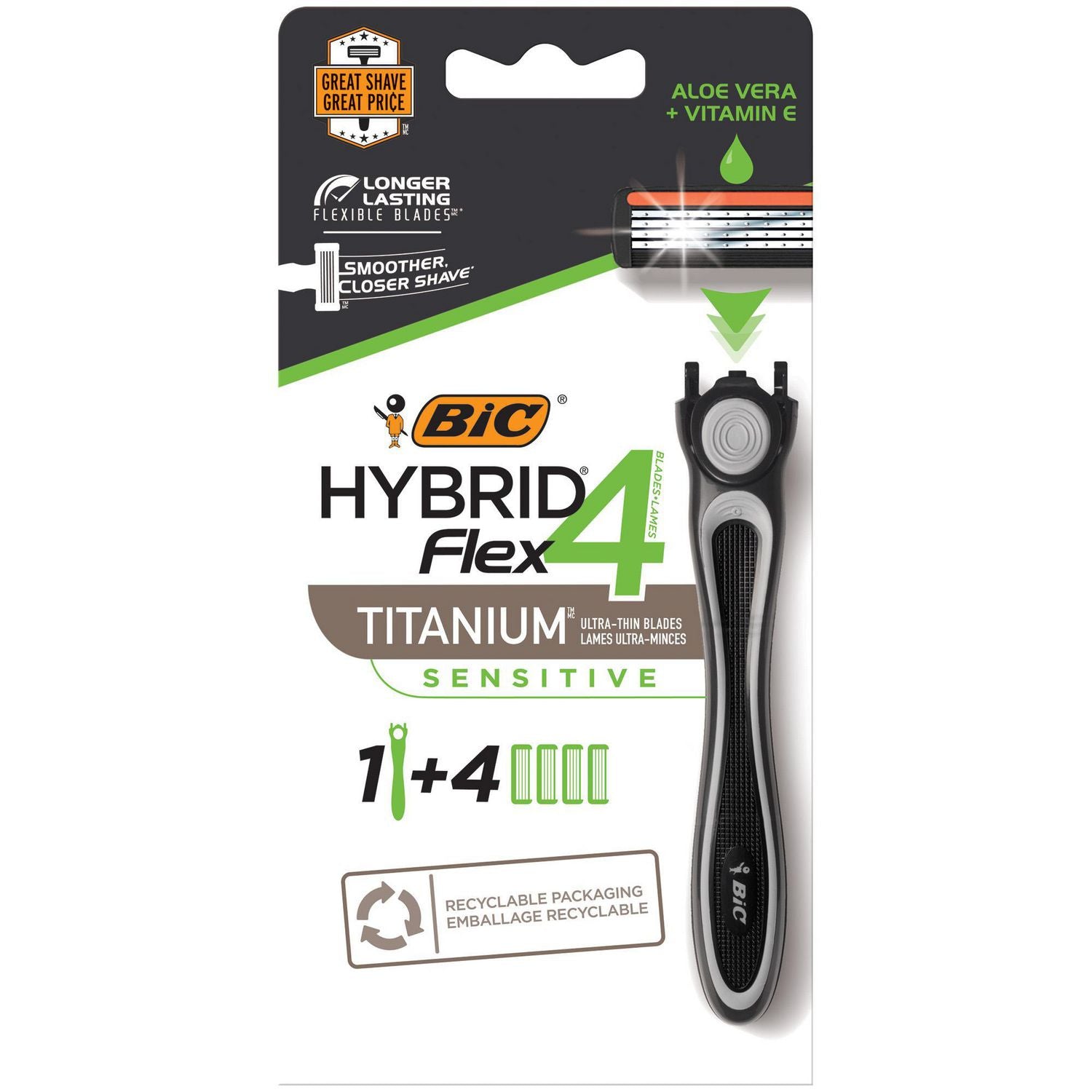 BIC Flex 4 Hybrid Disposable Men's Razor, 4-Blade, Sensitive - 1 handle, 4 cartridges