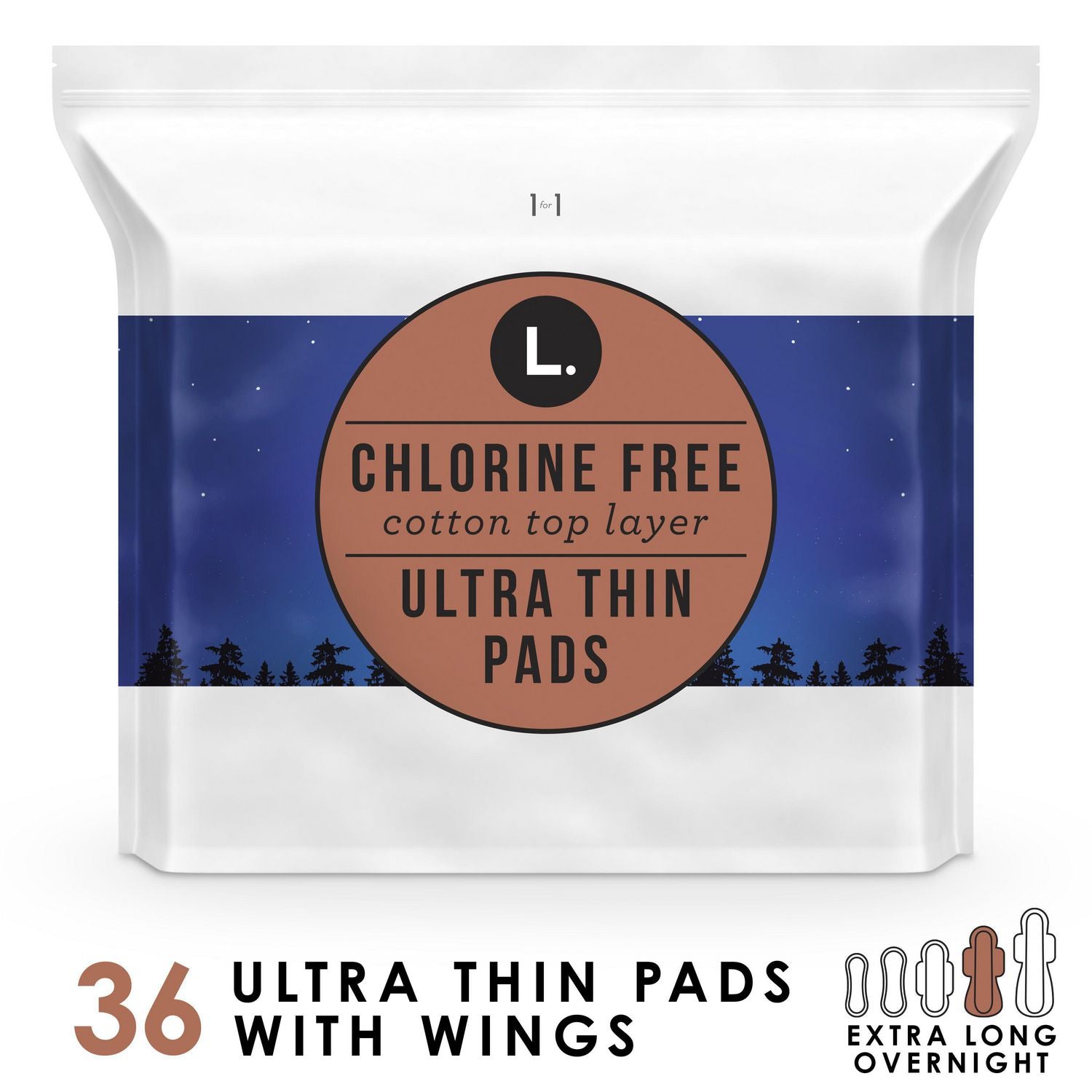 L. Chlorine-Free, Cotton Top Layer, Extra Long Overnight Ultra Thin Pads - 36 pads