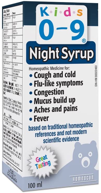 Homeocan Night Syrup Kids 0-9, Homeopathic Medicine For Cough and Cold, Flu-like Symptoms, Congestion, Mucus Build Up, Aches and Pains, Fever, Great Tasting- 100 mL