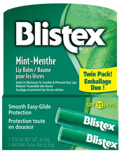 Blistex Lip Balm, Smooth Easy-Glide Protection, Twin Pack,  Mint, SPF 15, 2 Sticks - 8.50g