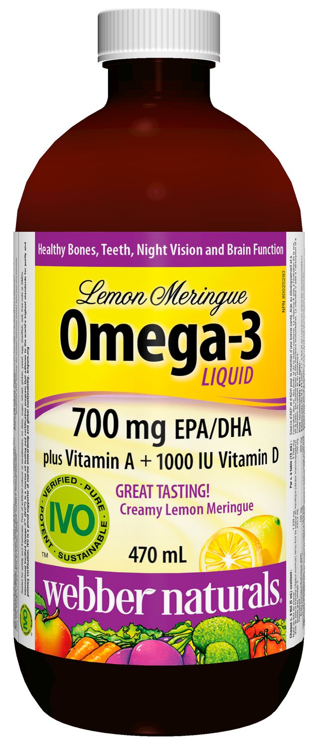 Webber Naturals Lemon Meringue Liquid Omega-3 700 mg EPA/DHA plus Vitamins A + 1000 IU Vitamin D - 470 ml