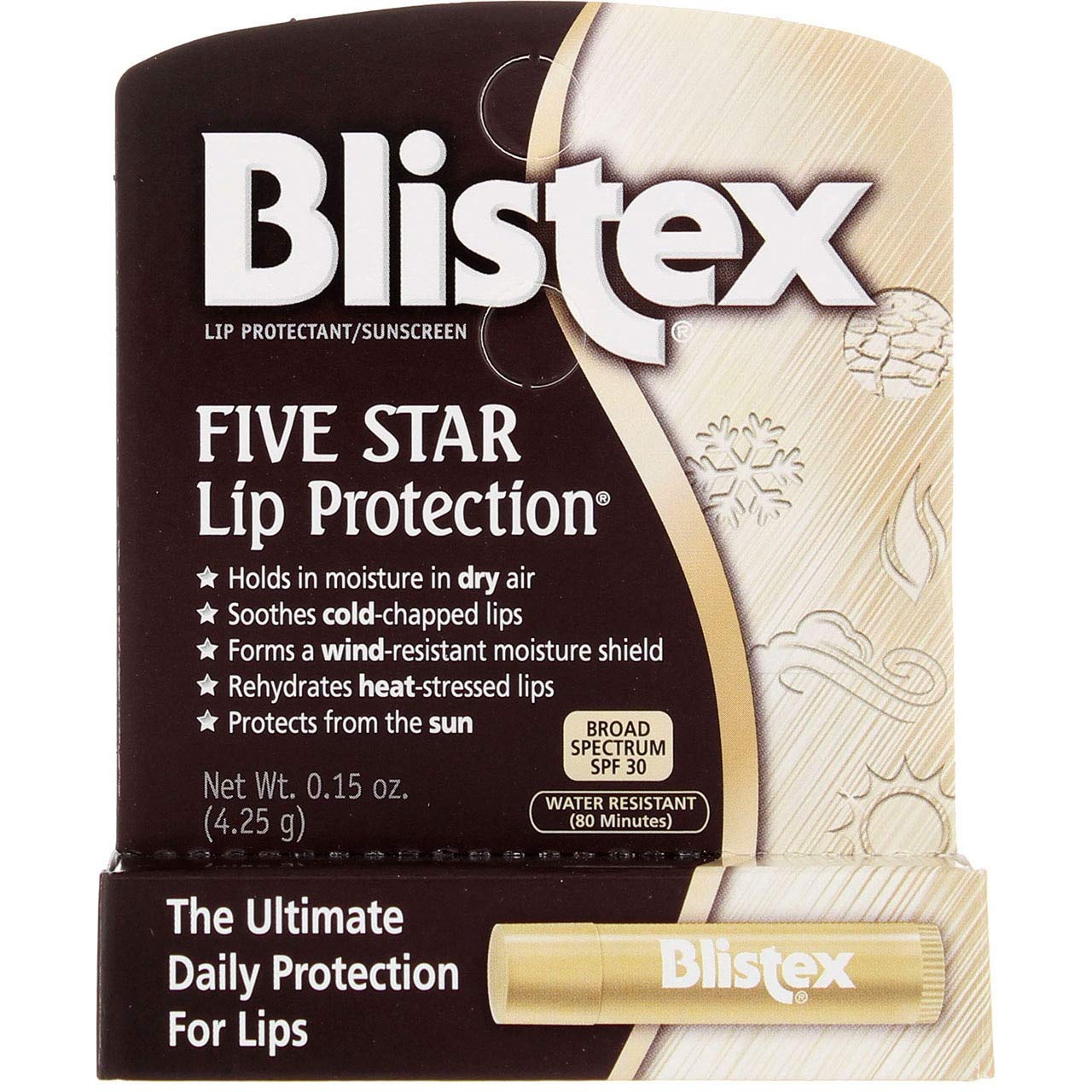 Blistex, Five Star Lip Protection, Lip Protectant, Sunscreen, Broad Spectrum SPF 30, Water Resistant- 4.25g