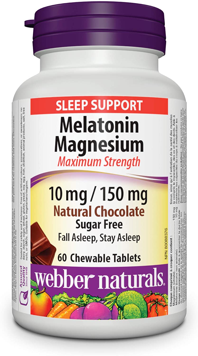 Webber Naturals Melatonin Magnesium Maximum Strength 10 mg / 150 mg, Natural Chocolate - 60 chewable tablets