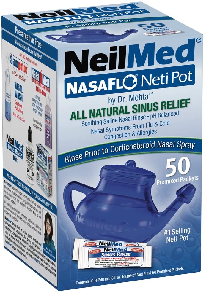 NeilMed NasaFlo Neti Pot All Natural Sinus Relief - 50 premixed packets, 1 neti pot