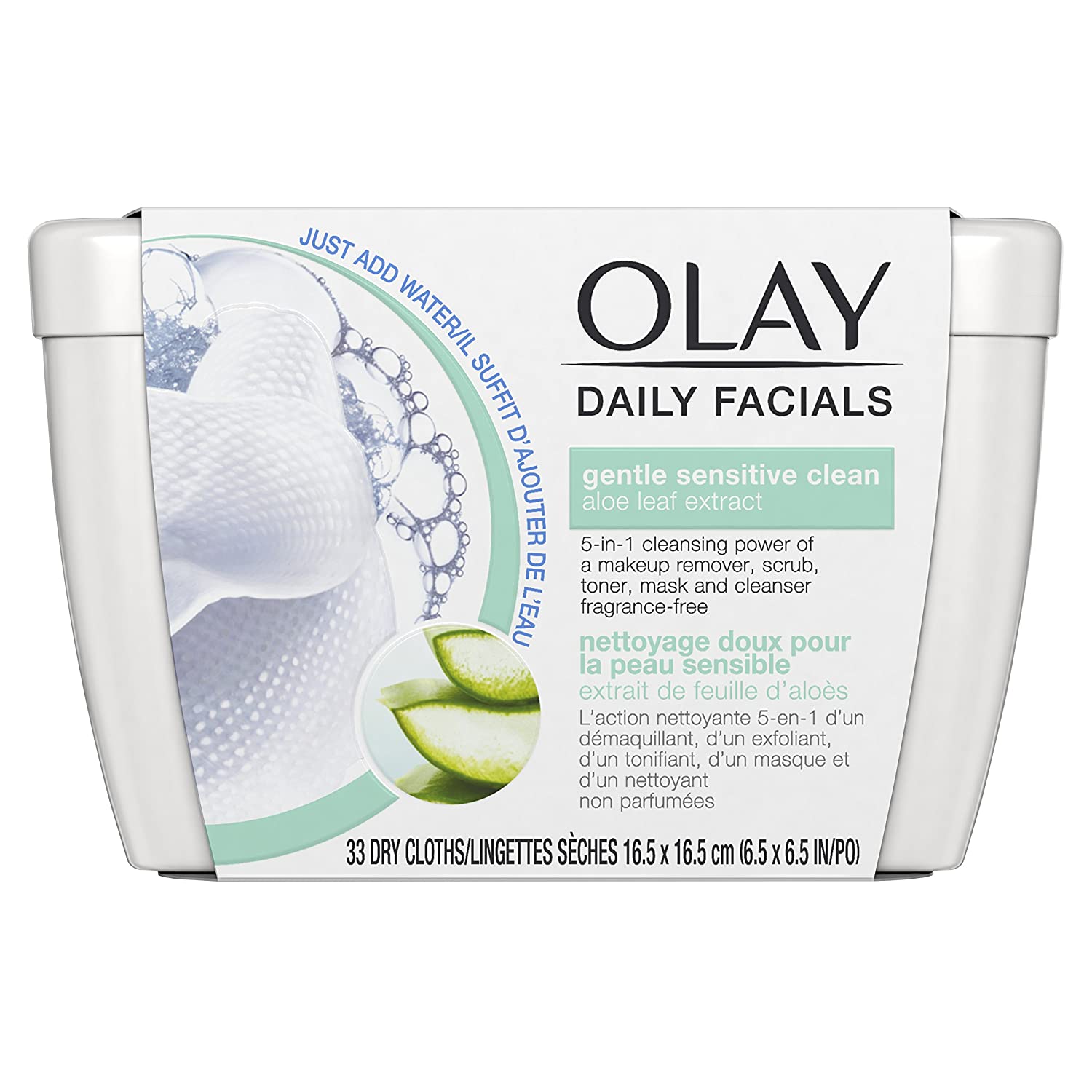 Olay Daily Facials Water-Activated Dry Cloths, 5 IN 1 Clean, Gentle Sensitive Clean, Aloe Leaf Extract - 33 Dry Cloths 