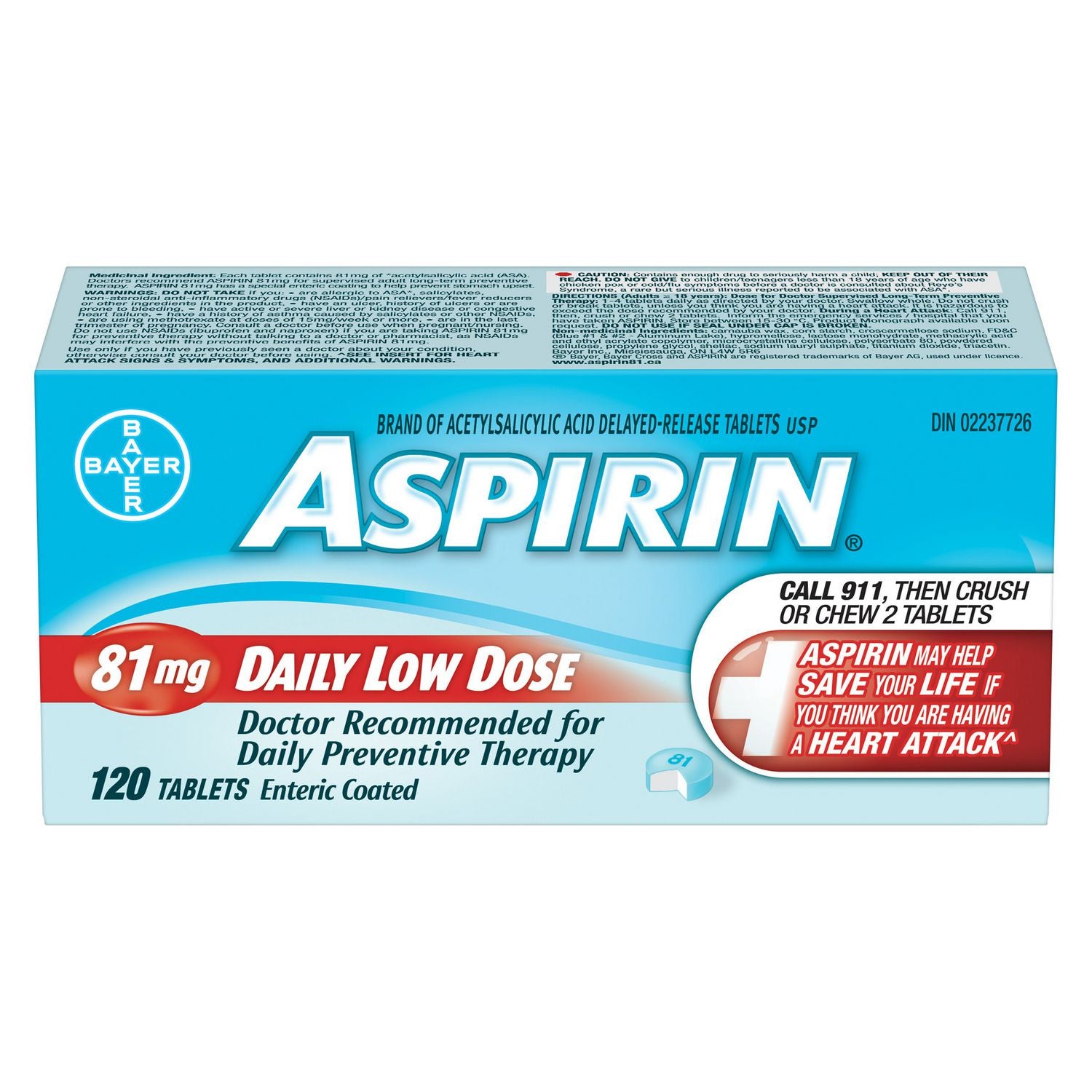 Aspirin Daily Low Dose Coated Tablets - 120 tablets x 81 mg