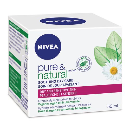 Nivea Pure & Natural Soothing Day Care Cream for Dry & Sensitive Skin, Organic Argan Oil & Chamomile - 50 ml