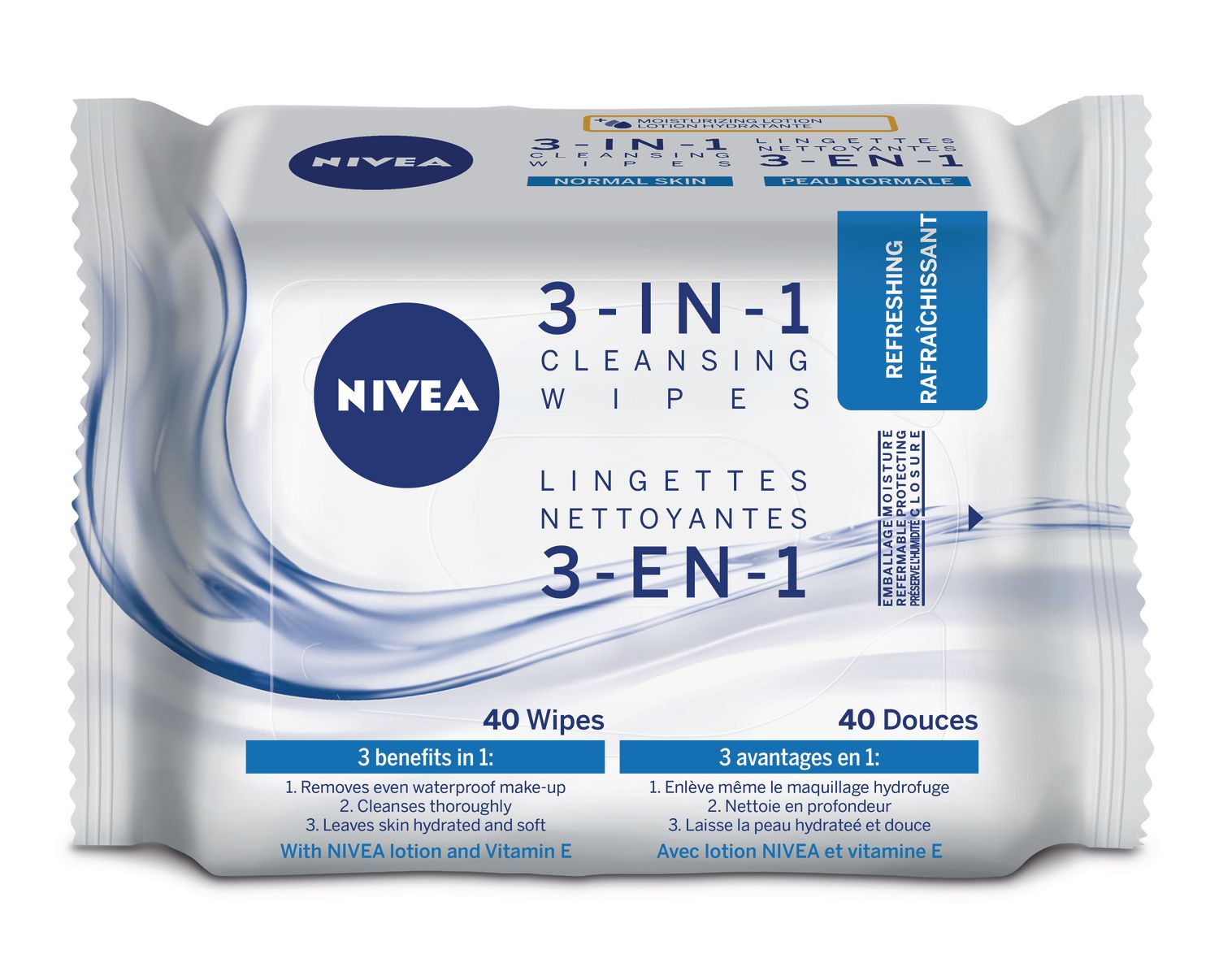 Nivea 3 In 1 Cleansing Wipes, Refreshing - 40 wipes