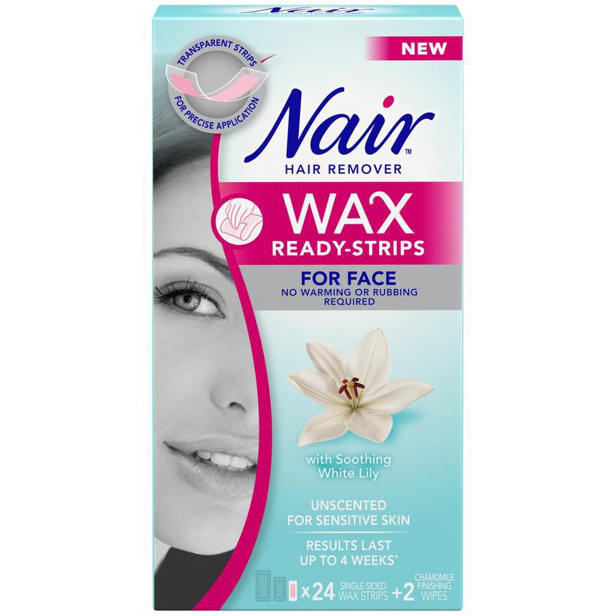 Nair Hair Remover Wax Ready Strips for Sensitive Skin with Soothing White Lily - 24 single-sided wax strips, 2 chamomile finishing wipes