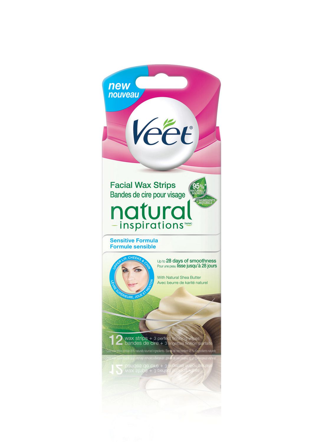 Veet Facial Wax Strips, Natural Inspirations, Sensitive Formula with Natural Shea Butter - 12 wax strips + 3 perfect finishing wipes