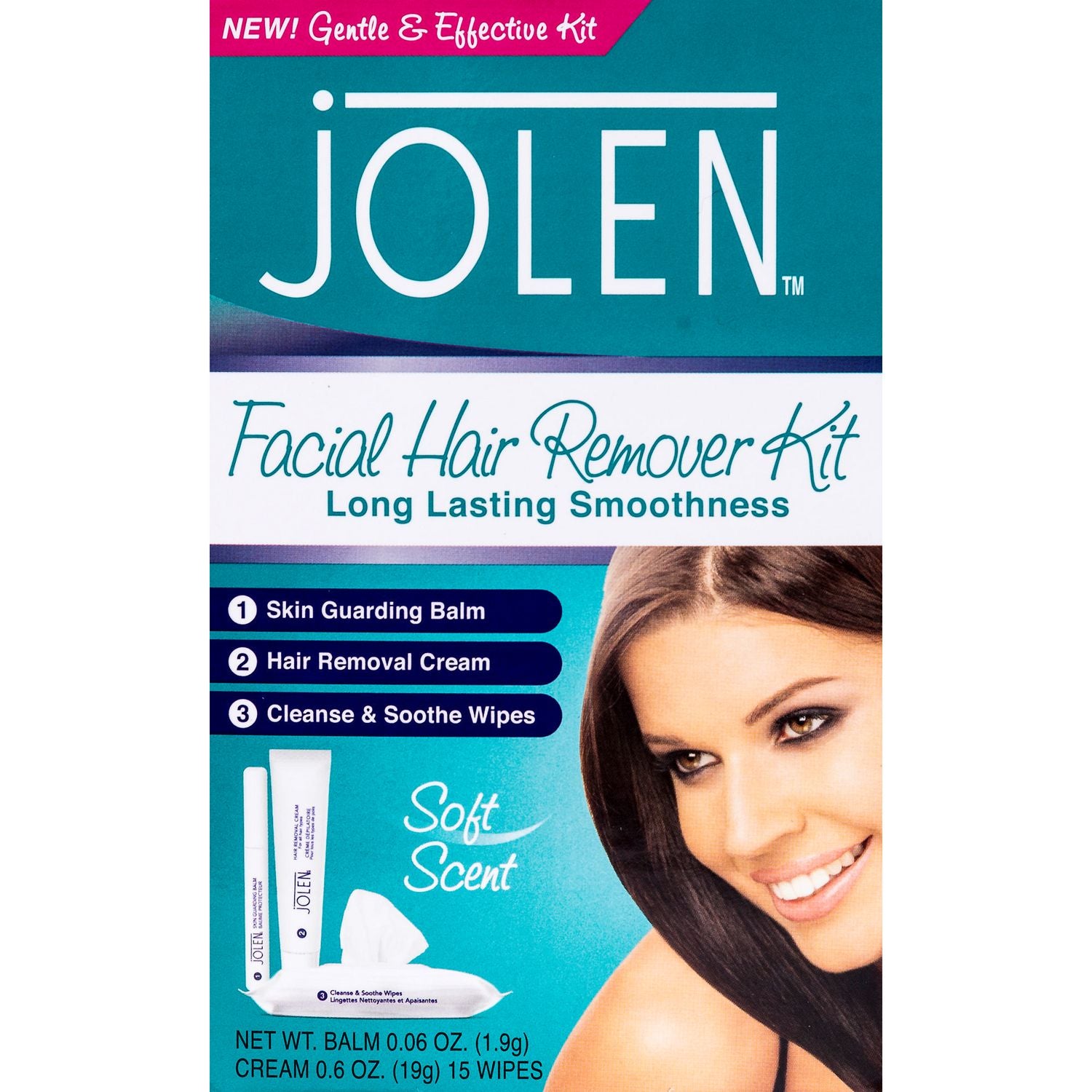 Jolen Facial Hair Remover Kit - 1.9 g skin guarding balm, 19 g hair removal cream, 15 wipes