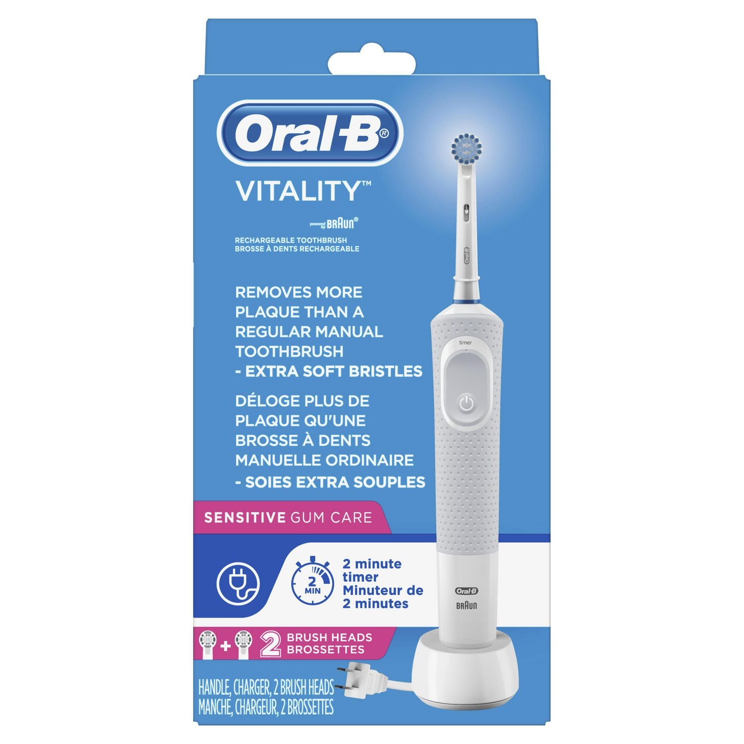 Oral-B Vitality, Sensitive Gum Care, Rechargeable Toothbrush, With Handle, Charger, 2 Brush Heads 