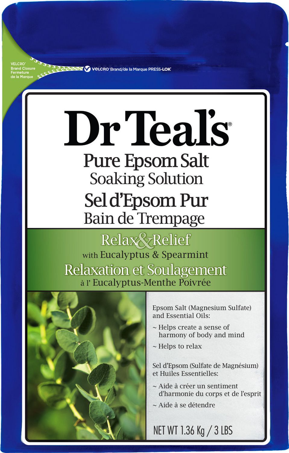 Dr. Teal's Pure Epsom Salt Soaking Solution, Relax & Relief with Eucalyptus & Spearmint - 1.36 kg