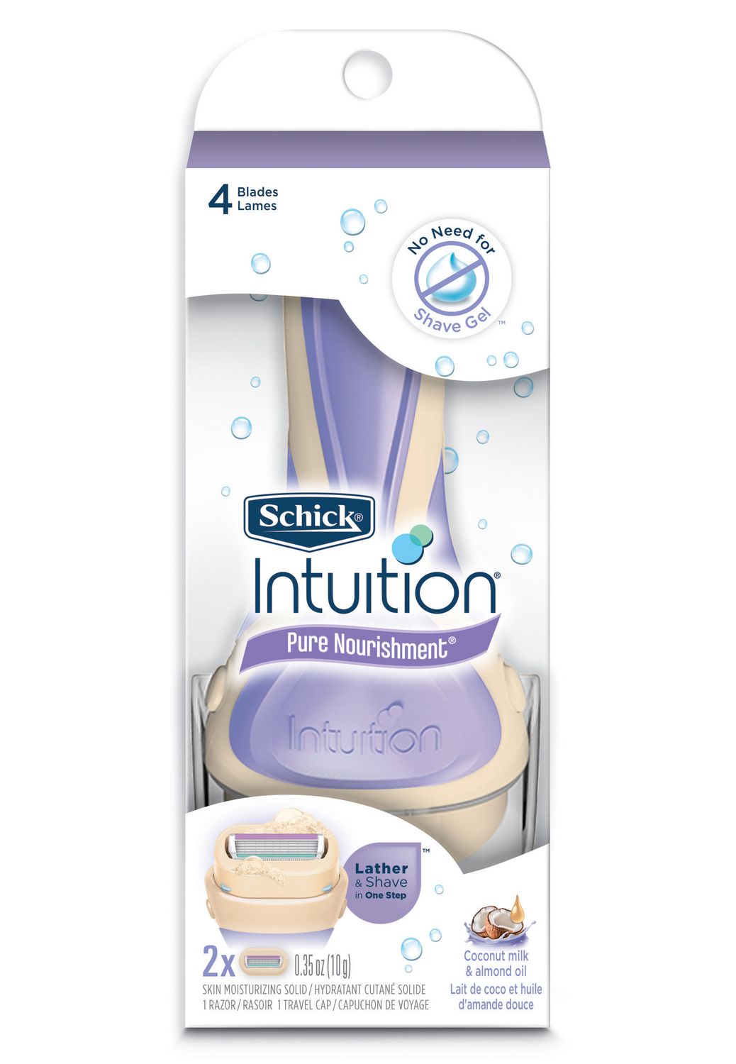 Schick Intuition Pure Nourishment Women’s Razor, 4-Blades with Coconut Milk and Almond Oil - 1 razor, 2 razor refills