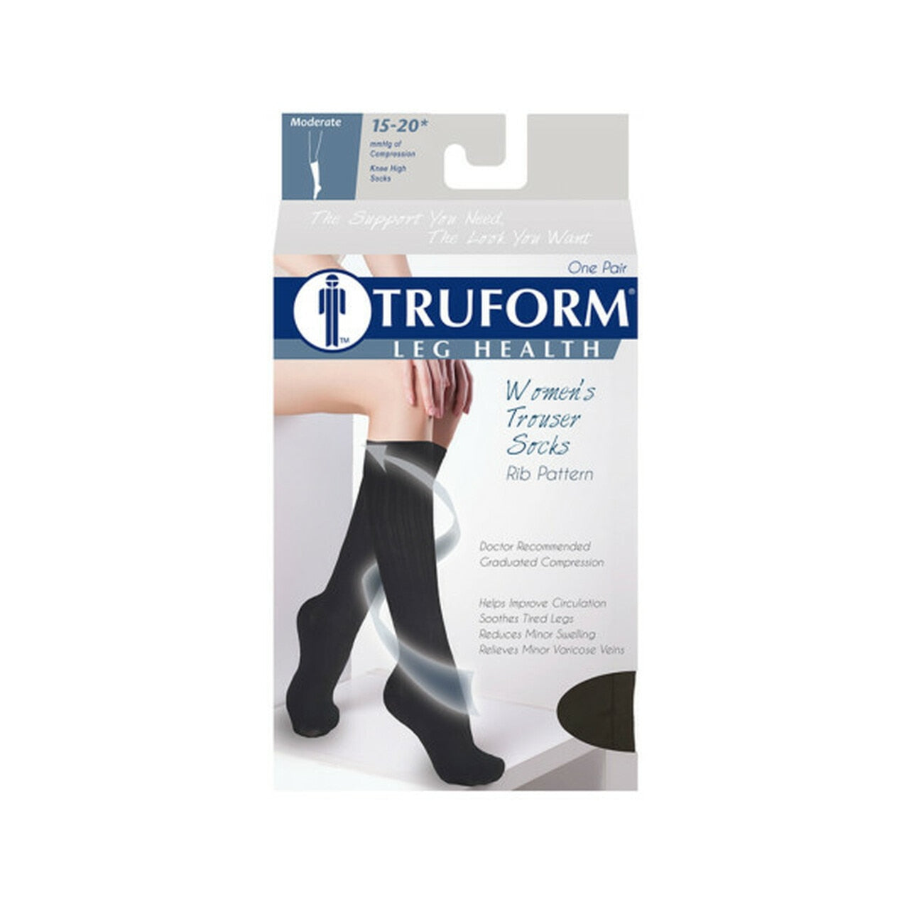 Truform Leg Health Women's Trouser Socks Rib Pattern 15-20 mmHg, Black, Medium - 1 pair