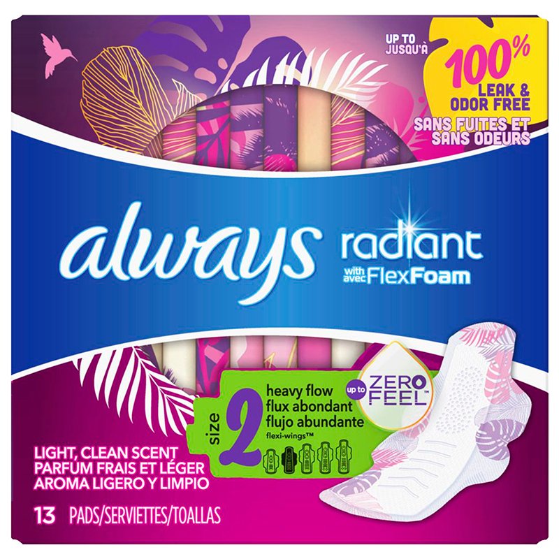 Always Radiant with FlexFoam, Heavy Flow Pads with Wings, Light Clean Scent - 13 pads