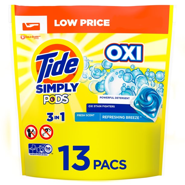 Tide SIMPLY PODS 3 in  1 , OXI, Powerful Detergent, Oxi Stain Fighters,  13 Pacs ,Fresh Scent, Refreshing Breeze 